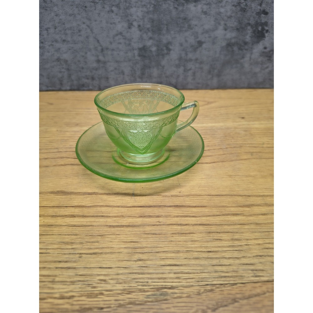 Federal Georgian Lovebirds Green Uranium Glass Teacup & Saucer Set